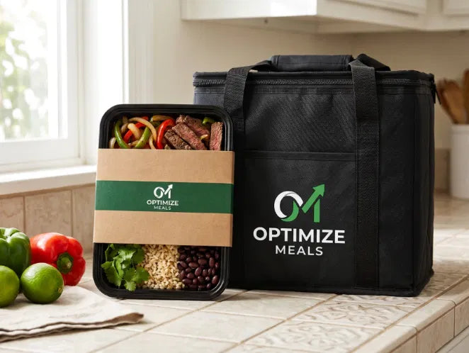 Optimize Meals prepared meal beside the branded delivery bag in a home kitchen