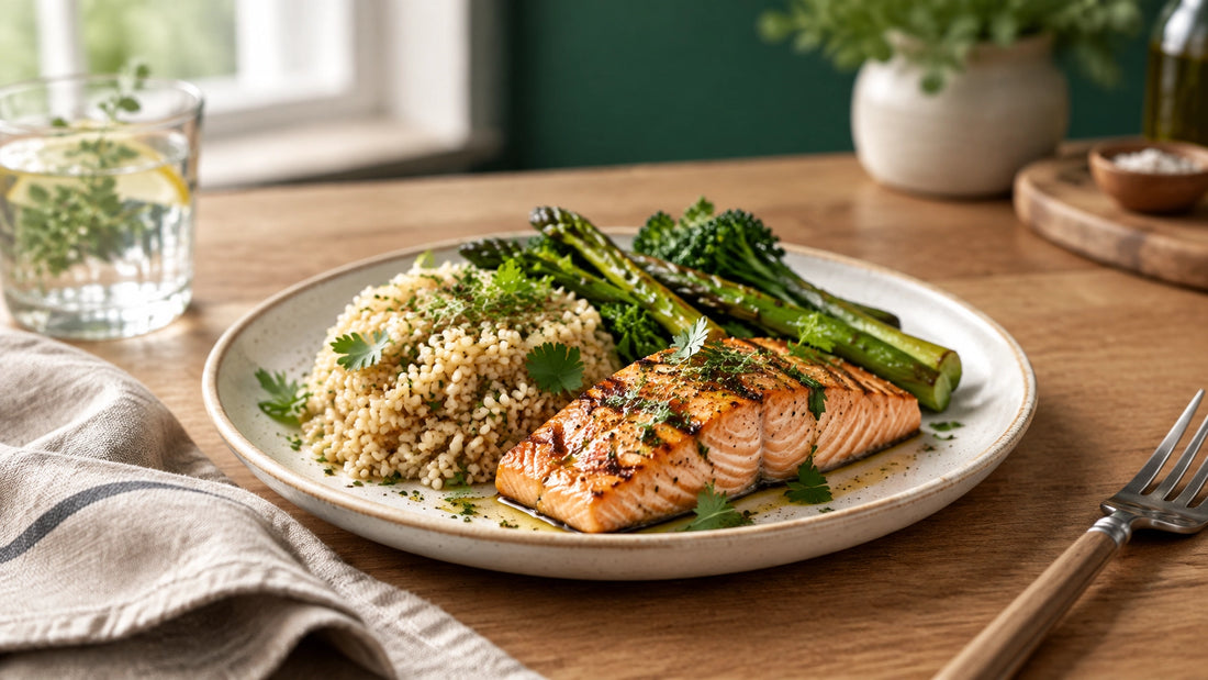 A modest, beautifully plated chef-prepared meal with salmon, rice, and fresh vegetables