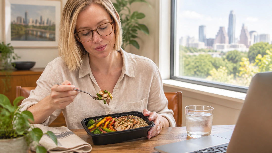 A professional enjoying a fresh, balanced lunch in a bright Austin home office