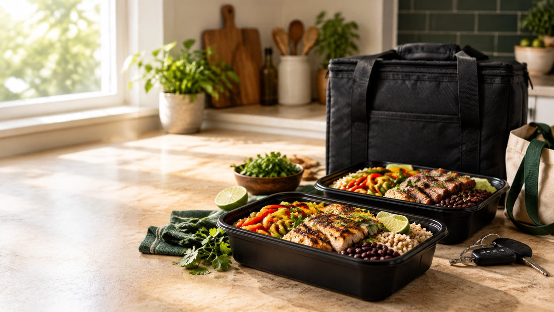 Fresh chef-prepared meal containers and an insulated bag on a kitchen counter, representing delivery and pickup meal prep in 