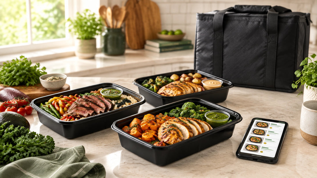 Fresh chef-prepared meal prep containers arranged in an Austin home kitchen beside a weekly menu