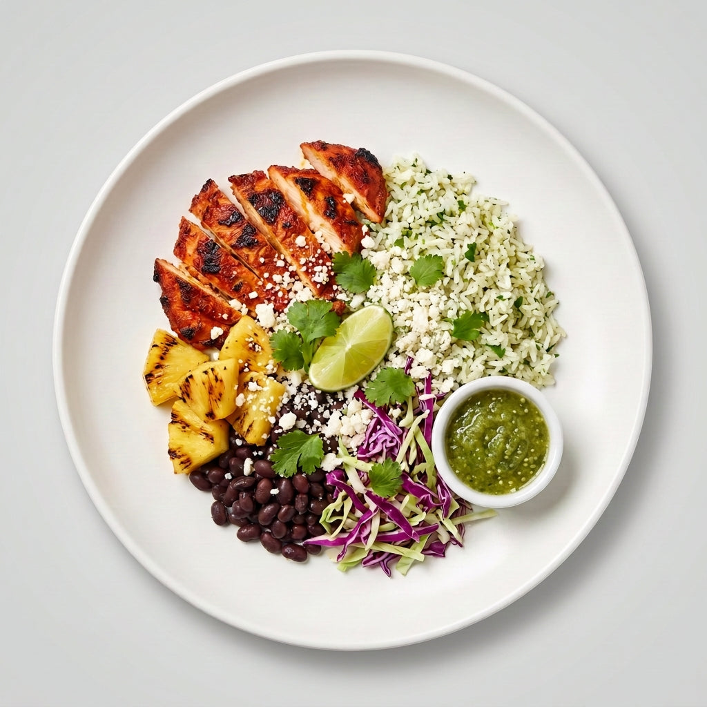 Al pastor chicken bowl with cilantro-lime rice, black beans, pineapple, and fresh slaw
