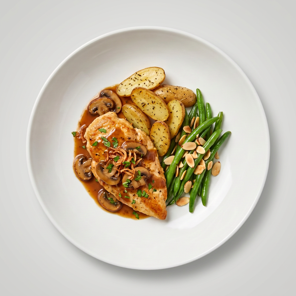 A fresh, chef-prepared Chicken Marsala meal with potatoes and green beans