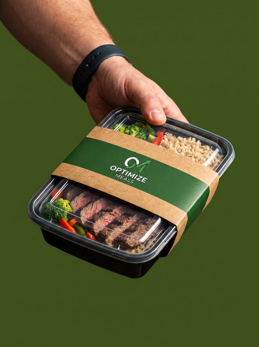 A ready-to-heat Optimize Meals entrée packed for an easy meal at home or work
